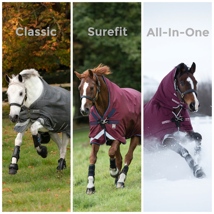 Horseware blankets shown in three neck cuts on horses: Classic, Surefit, and All-In-One